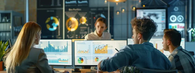 a group of people working at computers in a modern office with graphs and charts displayed on the screens.