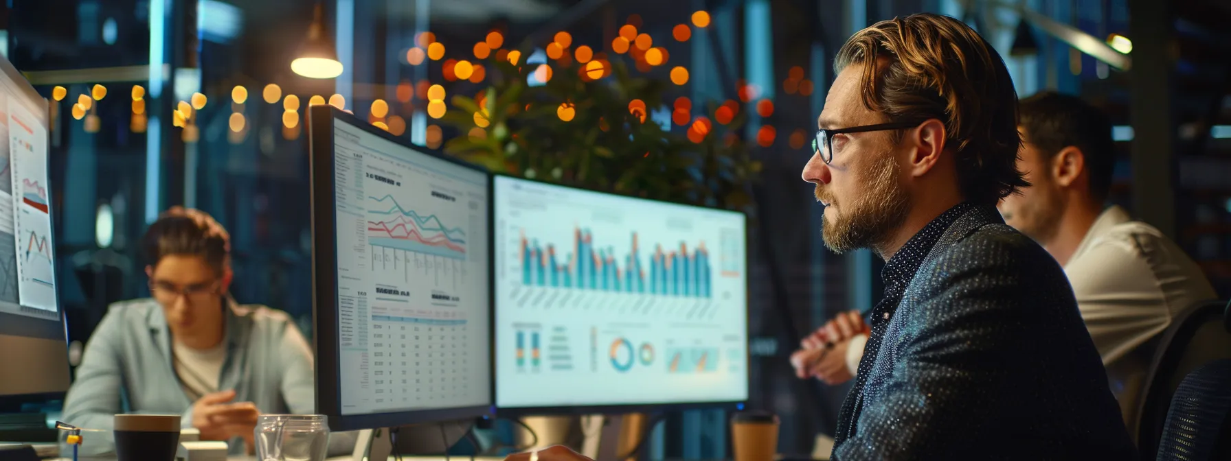 a team of professionals analyzing data on a computer screen in a modern office setting.