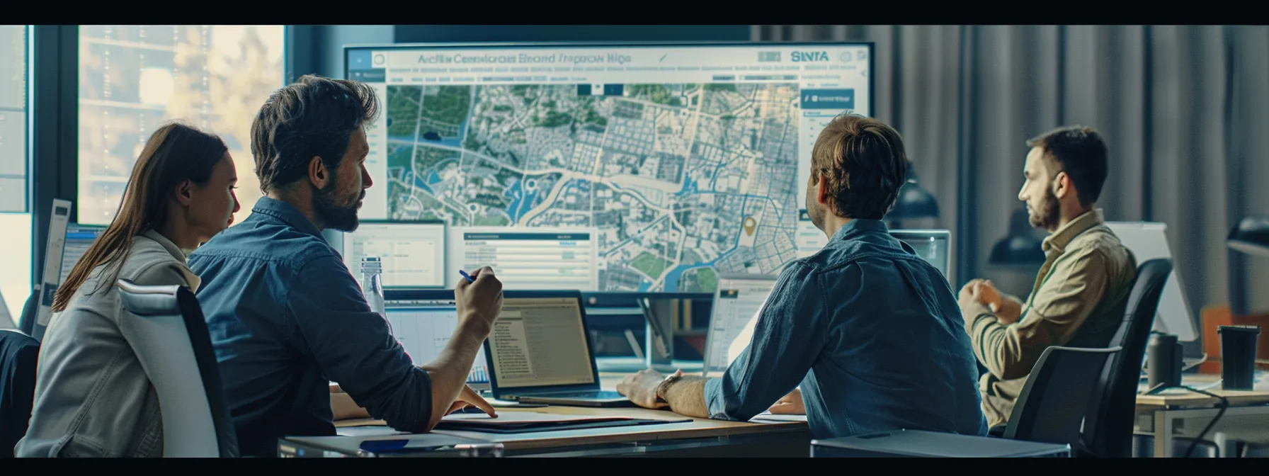 a group of people analyzing local search results on a large computer screen.