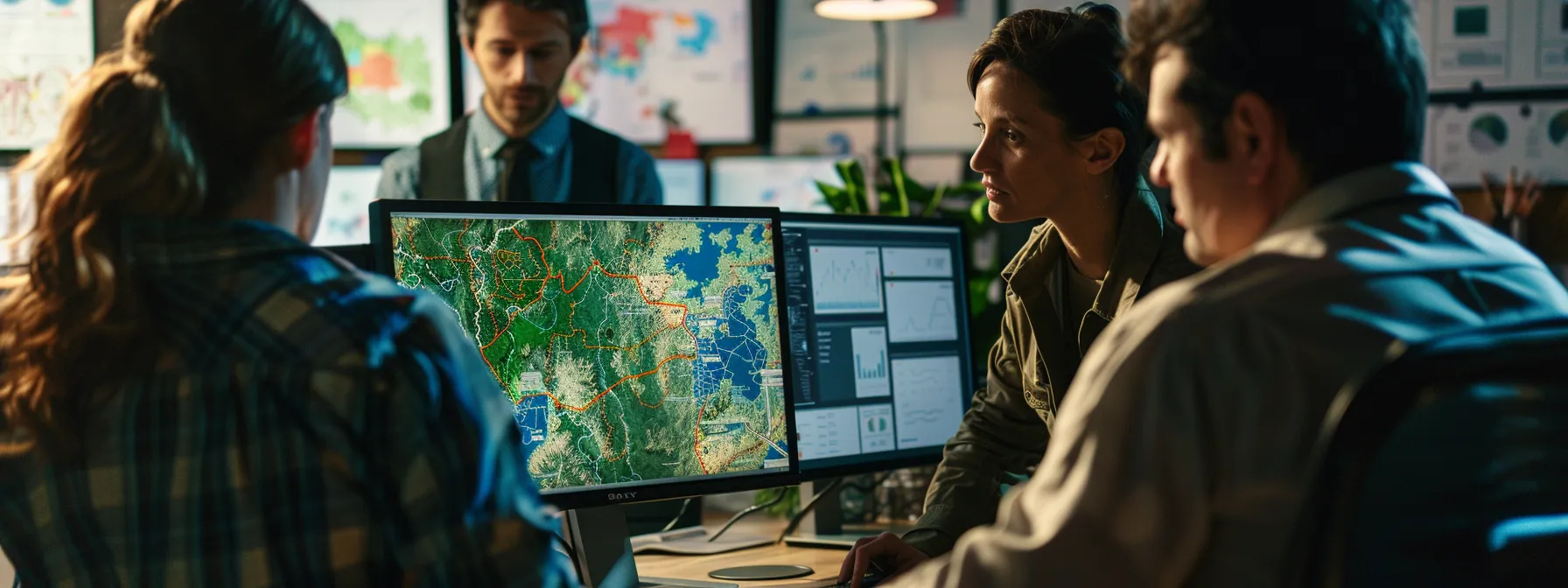 a group of agency team members analyzing local map pack rankings on a computer screen.