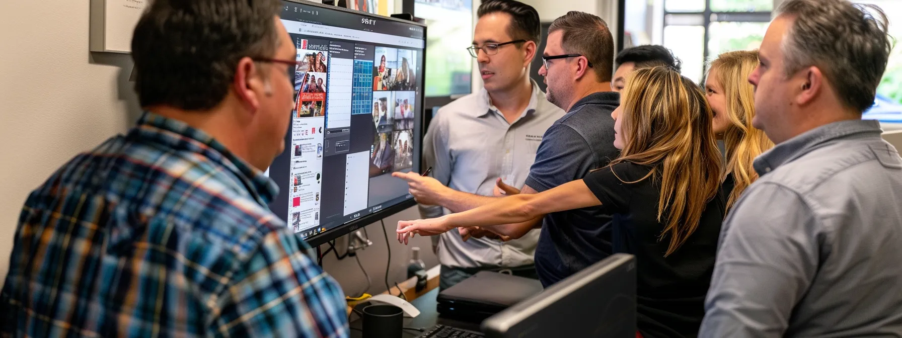 a group of professionals gathered around a computer screen, discussing local seo strategies and results.