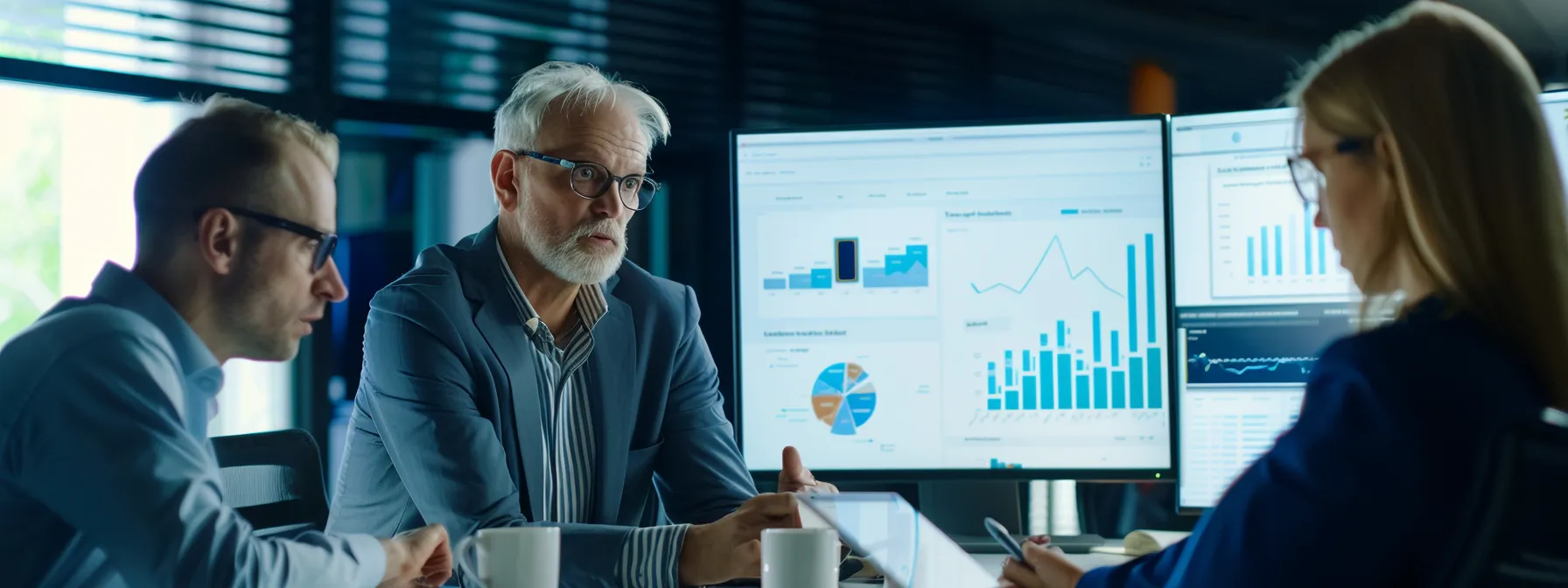 a group of professional business executives discussing seo strategies and analyzing data on a large monitor screen.