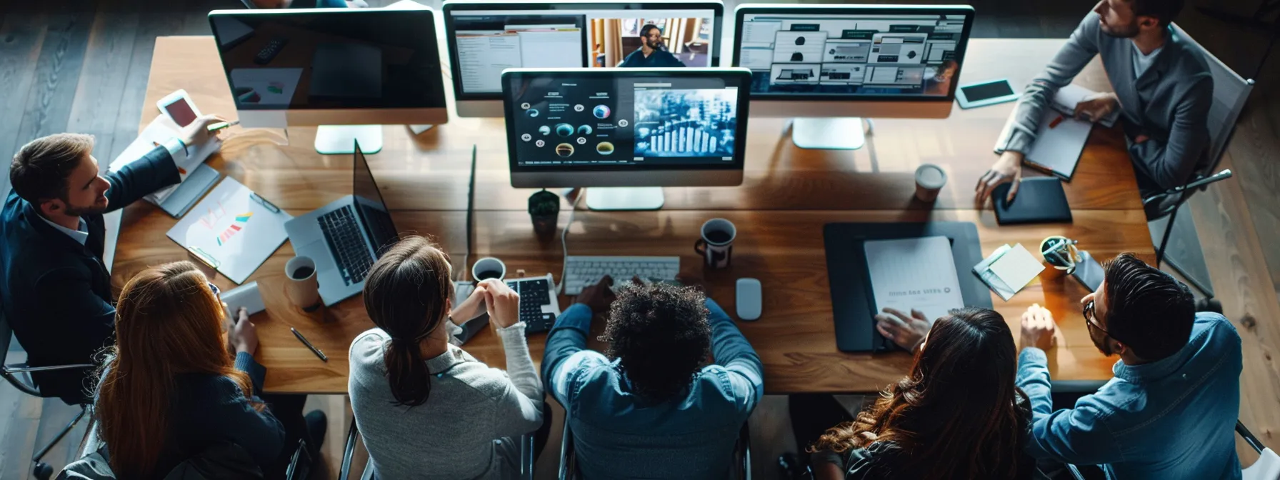 a group of digital marketers gathered around a table, discussing strategies and analyzing various websites on computer screens.