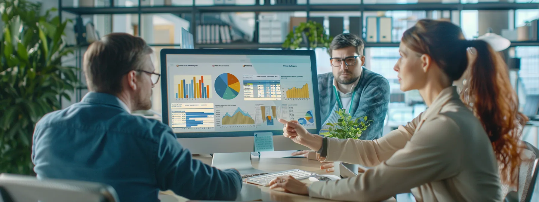 a group of marketing professionals analyzing data on a computer screen in a bustling office space.