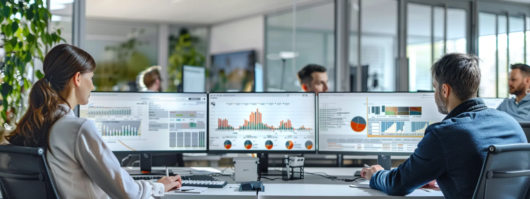 a team of professionals analyzing data on multiple computer screens in a modern office setting.